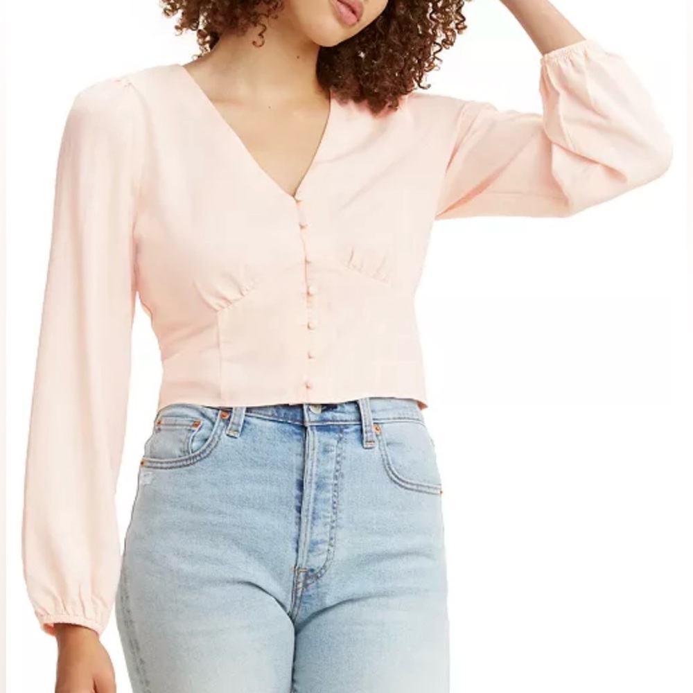 Levi’s Blush Pink Button‎ Front Cropped Blouse XL Puff Sleeve Y2K Cottagecore